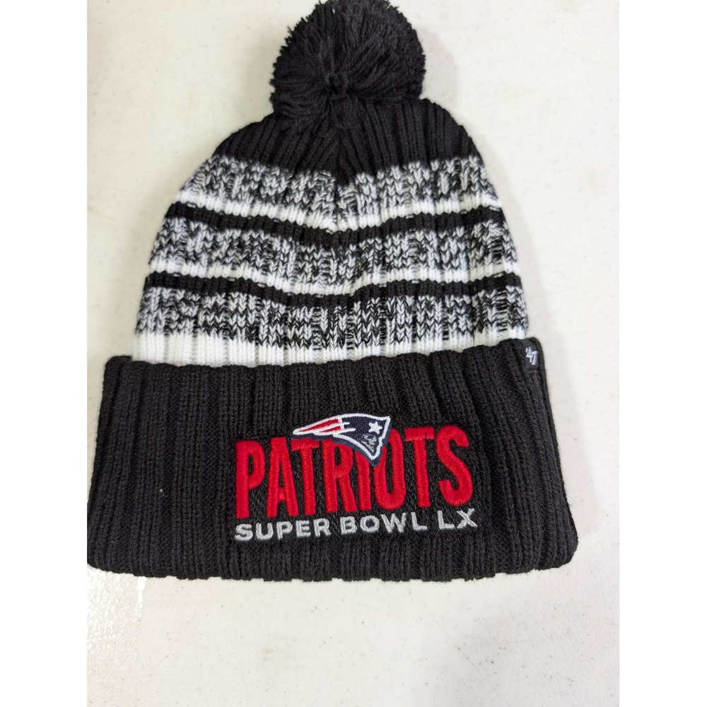47 Brand New England Patriots Super Bowl LX Knit Pom Cuffed Beanie Black White